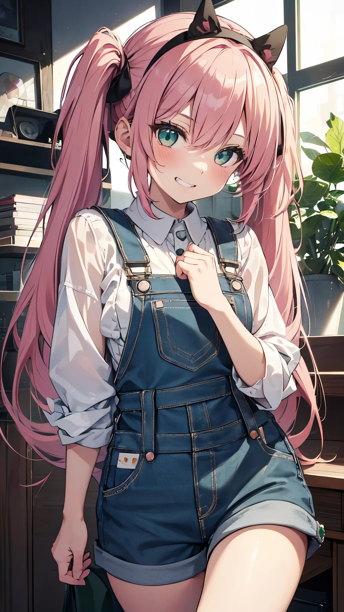 1girl,grin,top-quality,Top image quality,in 8K,4K,​masterpiece,ultra-detailliert,Beautiful、ultra-quality, best quality,high resolution, ultra-detailed,game cg,dutch angle ,beautiful detailed eyes, visualart,five fingers, perfect hands,beautiful girl,BREAK,(chibi:1.2),slender,(flat chest),long hair,pink hair,(half twintails),emerald green eyes,(Rabbit ear hair bands),(Overalls),blush,