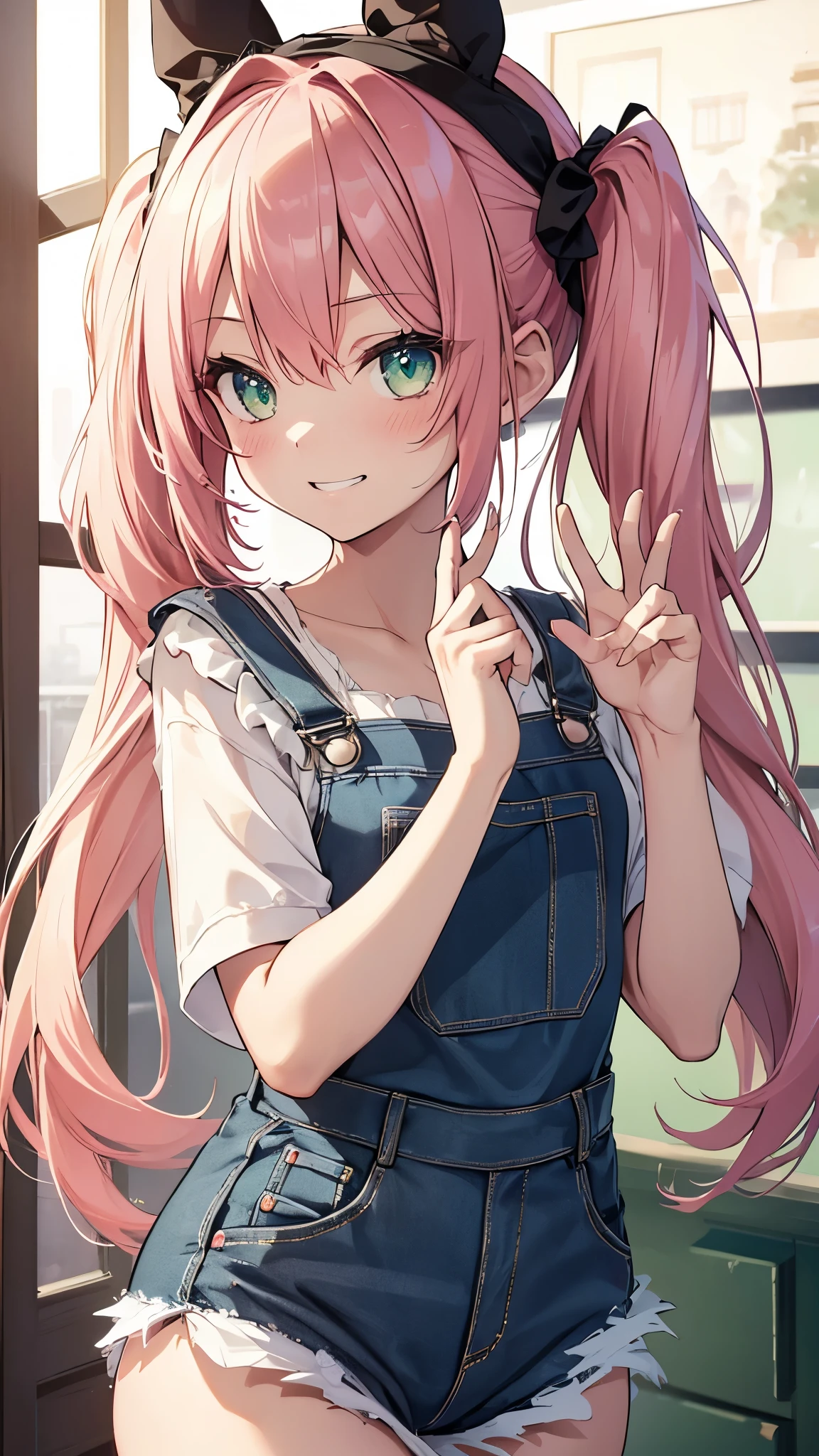 1girl,grin,top-quality,Top image quality,in 8K,4K,​masterpiece,ultra-detailliert,Beautiful、ultra-quality, best quality,high resolution, ultra-detailed,game cg,dutch angle ,beautiful detailed eyes, visualart,five fingers, perfect hands,beautiful girl,BREAK,(chibi:1.2),slender,(flat chest),long hair,pink hair,(half twintails),emerald green eyes,(Rabbit ear hair bands),(Overalls),blush,