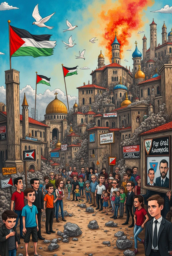 You need to act like a tenth grade student and you have to make a drawing that represents what is currently happening and what you interpret in the conflict between Palestine and Israel., that it is very creative and cartoonish that you have a lot of variety and creativity try to make it more like chaotic