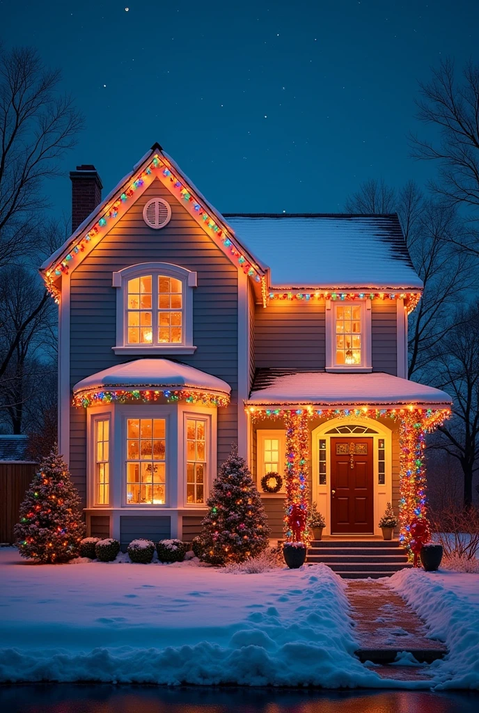 House decorated with Christmas lights , lights of different colors