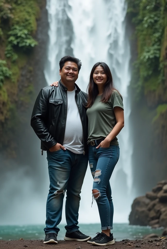 Full body portrait of a slightly chubby Indonesian youth wearing a slim black leather jacket,wearing shoes,Ripped jeans at the knee, and young women wearing t-shirts,Selvi is taking a photo with a young man in front of a waterfall tourist spot,real best quality