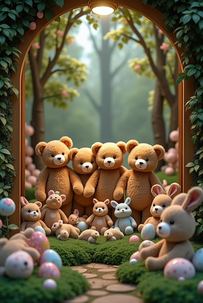 In the store window displays、Lots of stuffed animals lined up。, Forest with rabbits, Beasts, Shot on Sony Alpha 9, Four humanoid bears, The kids's, Easter, Multiple dolls in one photo, In a diorama of a picturesque forest, In the Cottagecore Garden, Spring season, The kids, 2018
