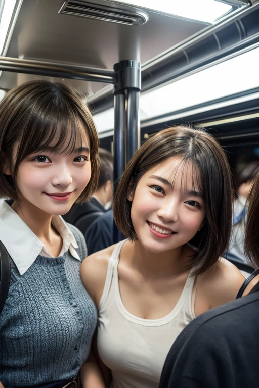 Highest quality, masterpiece, Ultra-high resolution, (reality: 1.4), Original photo, Three Women, mature, Smile, short hair, Plump body, , Cinema Lighting, From below, High school girl on a crowded train、