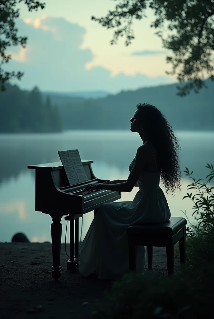 Profile picture, silhouette of woman long curly hair playing piano and singing in nature lake
