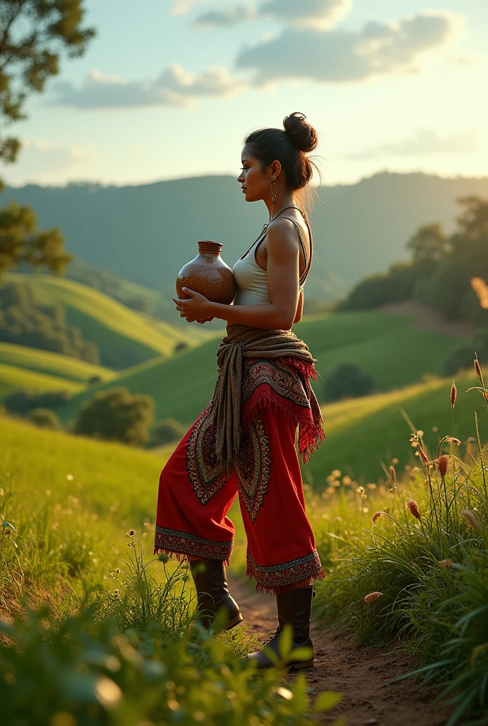 Brazilian woman wearing bombachas and boots drinking chimarrão and looking at the green pastures of the countryside 