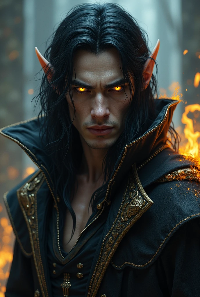 Male dark elf brown with bright yellow eyes With black wavy hair With overcoat With yellow burns and flames