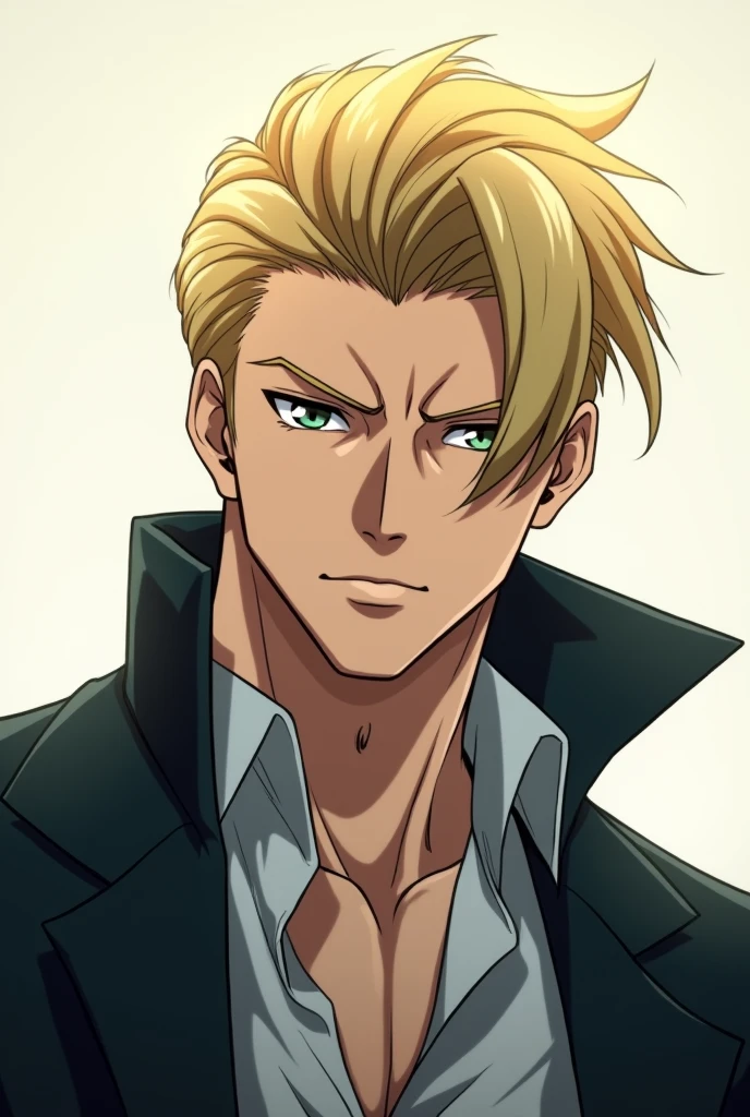 A serious and imposing anime character, blond with his hair well combed, born in 2002