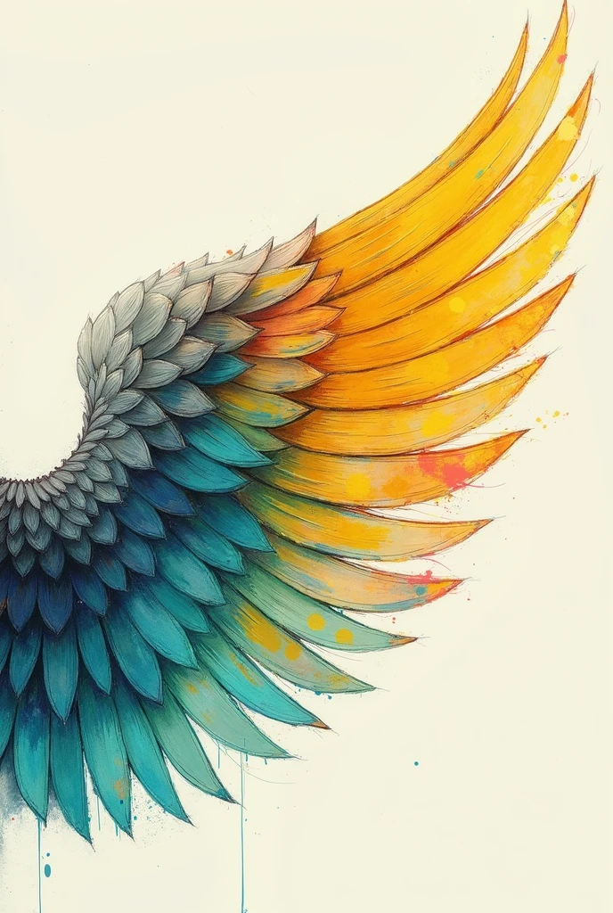 Create an image of angel wings but the wings should be these colors: yellow, a pretty green, a pretty brown, turquoise and so on and white, that is, the colors do not go in the background but for the wings.. But the color should be noticeable, that is, the colors should be strong, not low, and it should look drawn, since it is to make a mural..