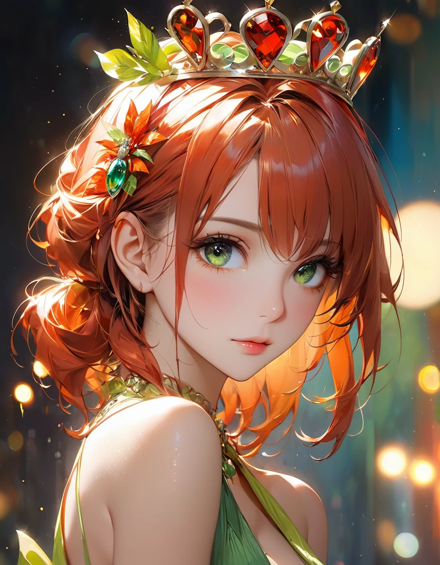 concept art by Pino Daeni, Jeremy Mann, Greg Rutkowski, Konstantin Razumov, Vladimir Volegov Realistic closeup portrait of a model 4k beautiful Arlequina picante sexy super brilhante Sensual soft ONLY black diamond eyes sobrancelhas pintadas de verde florescente brilhante orange and gold spirit, red threads, key light reflected in the eyes, red crown on the head, painted background, studio portrait, soft light, bezel lighting, shimmer in the eyes, bokeh background, picturesque, buff painting, (detailed faces:1. 3), (Detailed Eyes:1.3 8K,