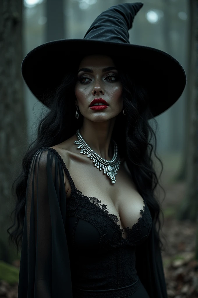 Create a picture of a witch. dark-skinned, makeup, red lipgloss stick,  silver necklace and big breasts.