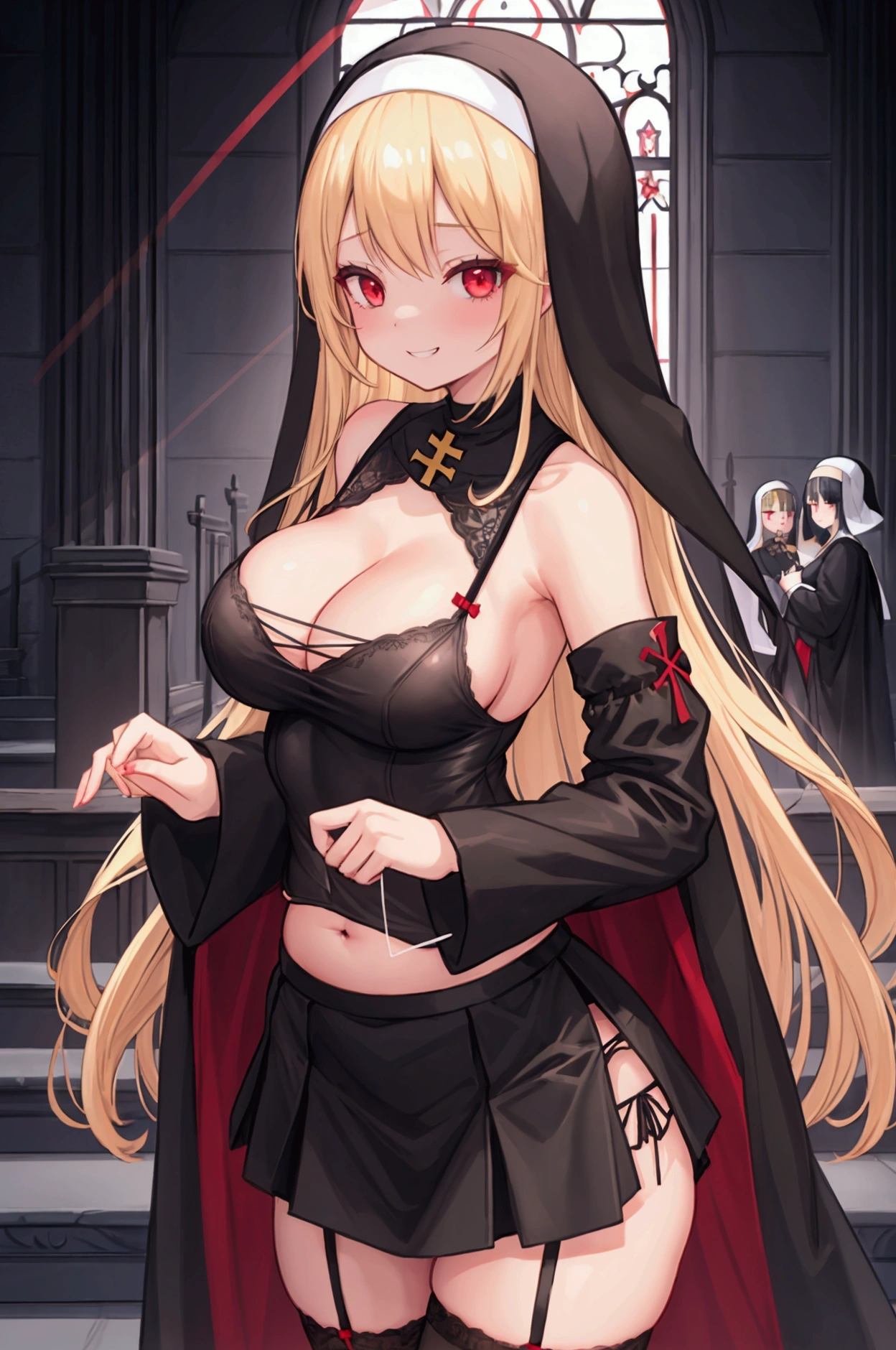 Girl、Nuns、Blonde、Red Eye、smile、Grin、セクシーなNuns服、Large Breasts、Cleavage、Sideboob、Long skirt with a deep slit、Belly button、Mainly black clothing color、garter belt、Sexy Panties、church