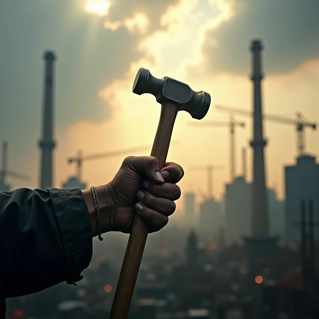 A worker’s hand holding a hammer, symbolically raising it against the backdrop of an industrial city with rays of sunlight breaking through clouds, signifying hope and progress