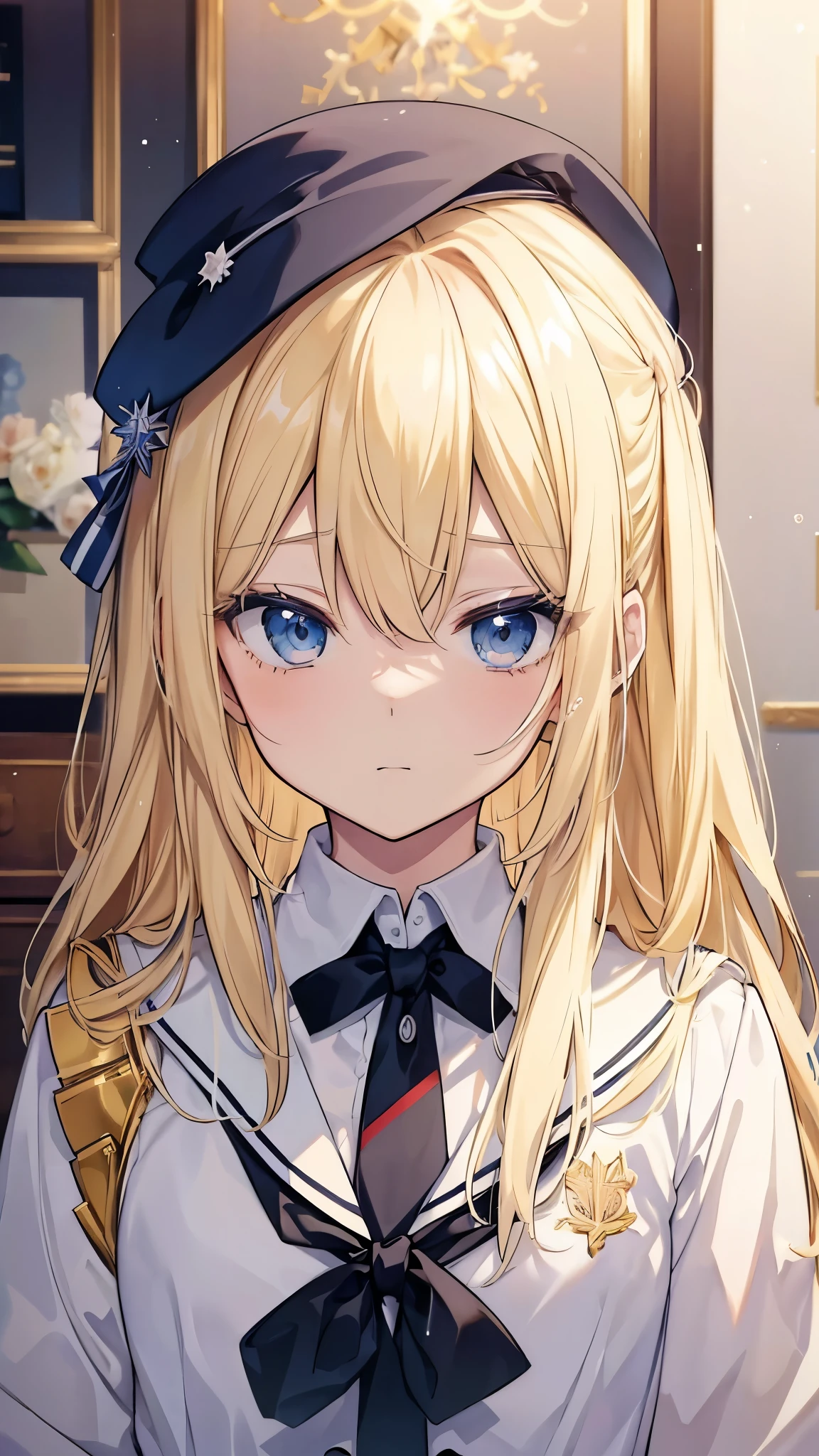 長いblondeの髪と制服を着たアニメのが写真のポーズをとっている ((masterpiece、Highest quality、Very detailed))、one person's、Improve、blonde、Long Hair、Wavy Hair、Grey Eyes、Wicked Smile、((Grin))、lip、((there are a lot of earrings))、Large Breasts、Cleavage、A bow tie、((White shirt))、((Black pleated skirt))、bracelet、Cowboy Shot、Urban Background