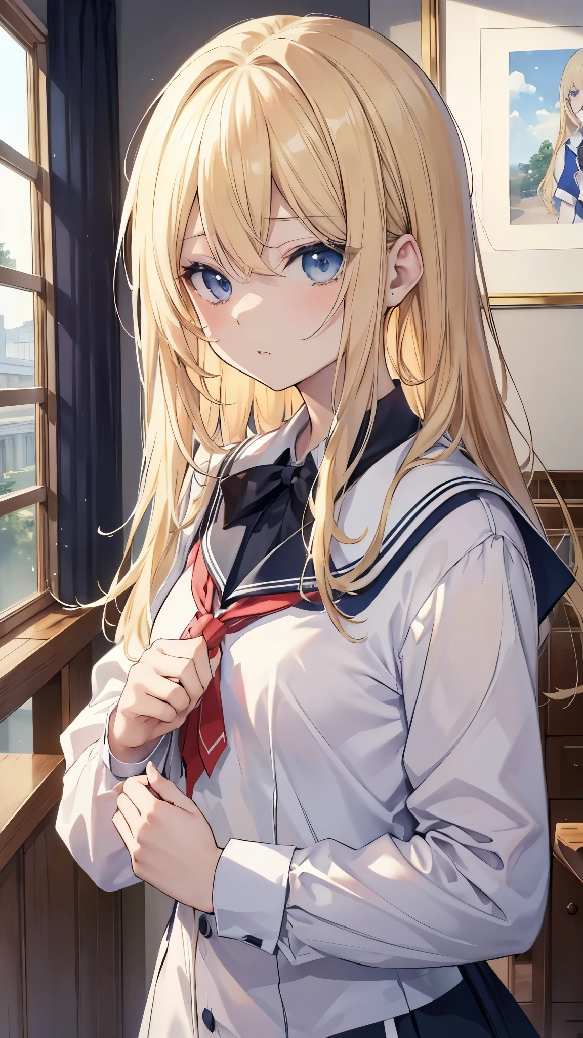 長いblondeの髪と制服を着たアニメのが写真のポーズをとっている ((masterpiece、Highest quality、Very detailed))、one person&#39;s、Improve、blonde、Long Hair、Wavy Hair、Grey Eyes、Wicked Smile、((Grin))、lip、((there are a lot of earrings))、Large Breasts、Cleavage、A bow tie、((White shirt))、((Black pleated skirt))、bracelet、Cowboy Shot、Urban Background