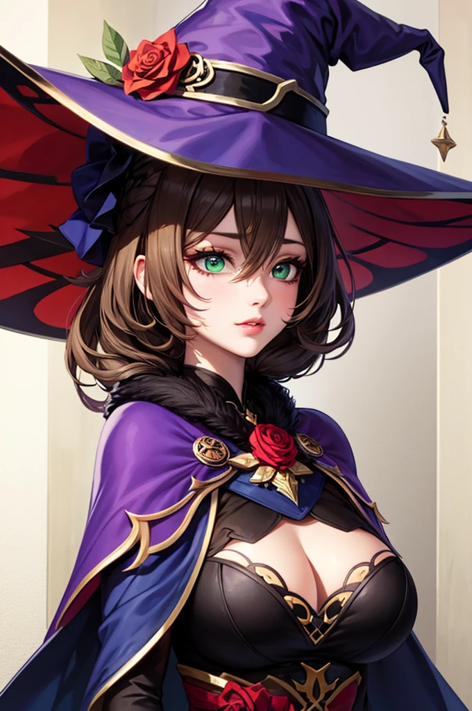 Beautiful girl, Perfect Face, Arms at your sides, masterpiece, Ultra-high resolution, high quality, 4K, Upper Body:1.5, Lisa (Genshin Impact), urple witch hat, Green Eyes, Brown Hair, (Pure Eros Face_v1:0.008), (European:1.6), bangs, dress, Rose, jewelry, witch, Capelet, Purple hat, Black gloves, Purple Flower, Hair between the eyes, purple Rose, Lips parted, purple Capelet, Hat Flower, multicolored dress, hair ornaments, windmill, From the side,