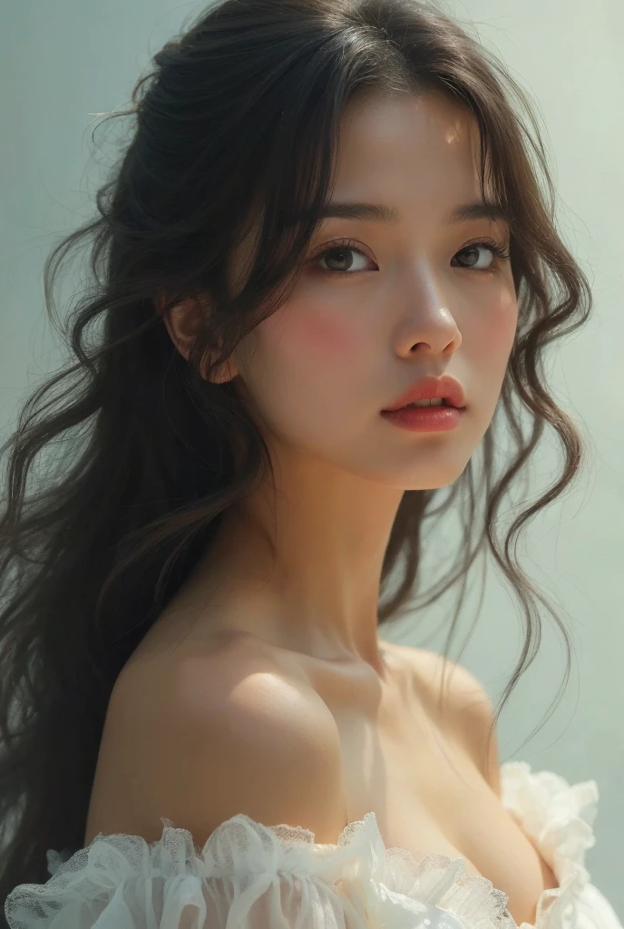 (Photorealistic、Masseter muscle area、Highest quality、High resolution、RAW Photos)、（full body, glamorous body,Perfect Detail）Realistic、Bright lighting、Face Light、Smooth Professional Lighting、pretty girl、Beautiful woman、Modeled、gravure、natural makeup、so beautiful、Realistic and beautiful skin、plum thighs, Beautiful and detailed、Detailed face、Big tits、Cleavage、wavy hair、Brunette colored hair、Brown eyes, sexy face, looking at the camera, take a picture, Seductive Pose, Sexy lingerie++,look of impending kiss+++