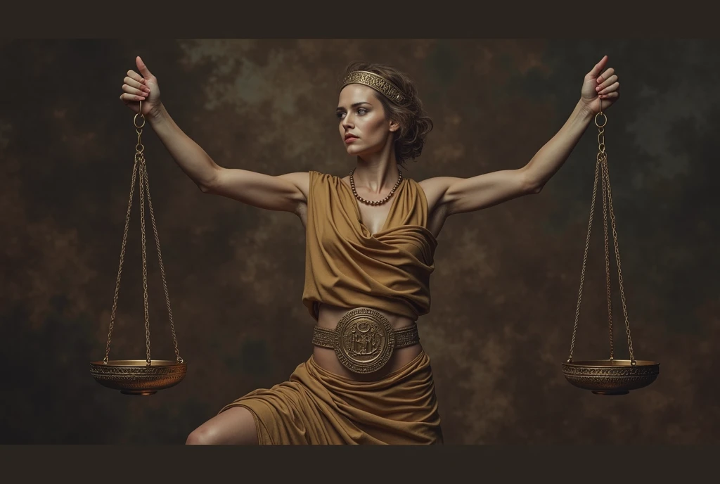 (((ultra realistic))) Photo, masterpiece, top quality, (Pale skin), (Ultra detailed face and eyes.:1.3), A hyperrealistic image of a woman representing the zodiac sign of Libra, Captured in a classic and elegant style. The woman has a strong and balanced posture, similar to a goddess of justice, with arms outstretched holding an antique golden scale, intricately designed, that reflects light gently. His expression is serene and determined, with a touch of authority and grace. His body is slightly tilted to one side, with one leg forward, creating a perfect balance in the composition of the image. He wears a golden robe draped around his body., that falls gently in elegant folds, similar to classical Greek style. The tunic is adorned with embossed details of geometric patterns., emphasizing the symbolism of justice and balance. The fabric shimmers subtly under the lighting, highlighting the rich texture and details of the design. The woman is wearing a golden tiara that fits perfectly over her hair., which is gathered in a low bun with some loose strands, giving it a majestic air. A wide belt with a central medallion, decorated with Libra symbols, girds his waist, adding a touch of power and symbolism to his figure. The gold and bronze tones in her clothing and accessories contrast with the dark, textured background., evoking an ancient and timeless atmosphere. The background of the image is dark, with brown and gold tones that mimic an aged canvas texture, creating a classic and solemn atmosphere. The lighting is warm and directed, highlighting the muscular lines of his arms and the contour of his face, while maintaining a soft shadow that adds depth to the scene. The scales he holds in his hands are detailed and ornate., symbolizing balance and justice, central elements of the Libra sign