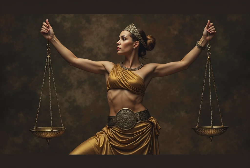(((ultra realistic))) Photo, masterpiece, top quality, (Pale skin), (Ultra detailed face and eyes.:1.3), A hyperrealistic image of a woman representing the zodiac sign of Libra, Captured in a classic and elegant style. The woman has a strong and balanced posture, similar to a goddess of justice, with arms outstretched holding an antique golden scale, intricately designed, that reflects light gently. His expression is serene and determined, with a touch of authority and grace. His body is slightly tilted to one side, with one leg forward, creating a perfect balance in the composition of the image. He wears a golden robe draped around his body., that falls gently in elegant folds, similar to classical Greek style. The tunic is adorned with embossed details of geometric patterns., emphasizing the symbolism of justice and balance. The fabric shimmers subtly under the lighting, highlighting the rich texture and details of the design. The woman is wearing a golden tiara that fits perfectly over her hair., which is gathered in a low bun with some loose strands, giving it a majestic air. A wide belt with a central medallion, decorated with Libra symbols, girds his waist, adding a touch of power and symbolism to his figure. The gold and bronze tones in her clothing and accessories contrast with the dark, textured background., evoking an ancient and timeless atmosphere. The background of the image is dark, with brown and gold tones that mimic an aged canvas texture, creating a classic and solemn atmosphere. The lighting is warm and directed, highlighting the muscular lines of his arms and the contour of his face, while maintaining a soft shadow that adds depth to the scene. The scales he holds in his hands are detailed and ornate., symbolizing balance and justice, central elements of the Libra sign