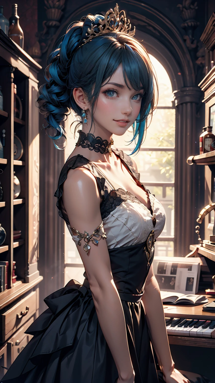 highly detailed, 8k, masterpiece, One person, Blue frills_hair_tube, dress, bend_that&#39;s all , Grin, (perfection_face), Sitting, machine, Brilliant, Complex, Dramatic lighting, 4K, detailed_background, Caustics, full_body, (Surreal:1.3), bloom,(Beautiful lighting:1.3), Caustics, Dynamic Lighting, Beautiful lighting,  