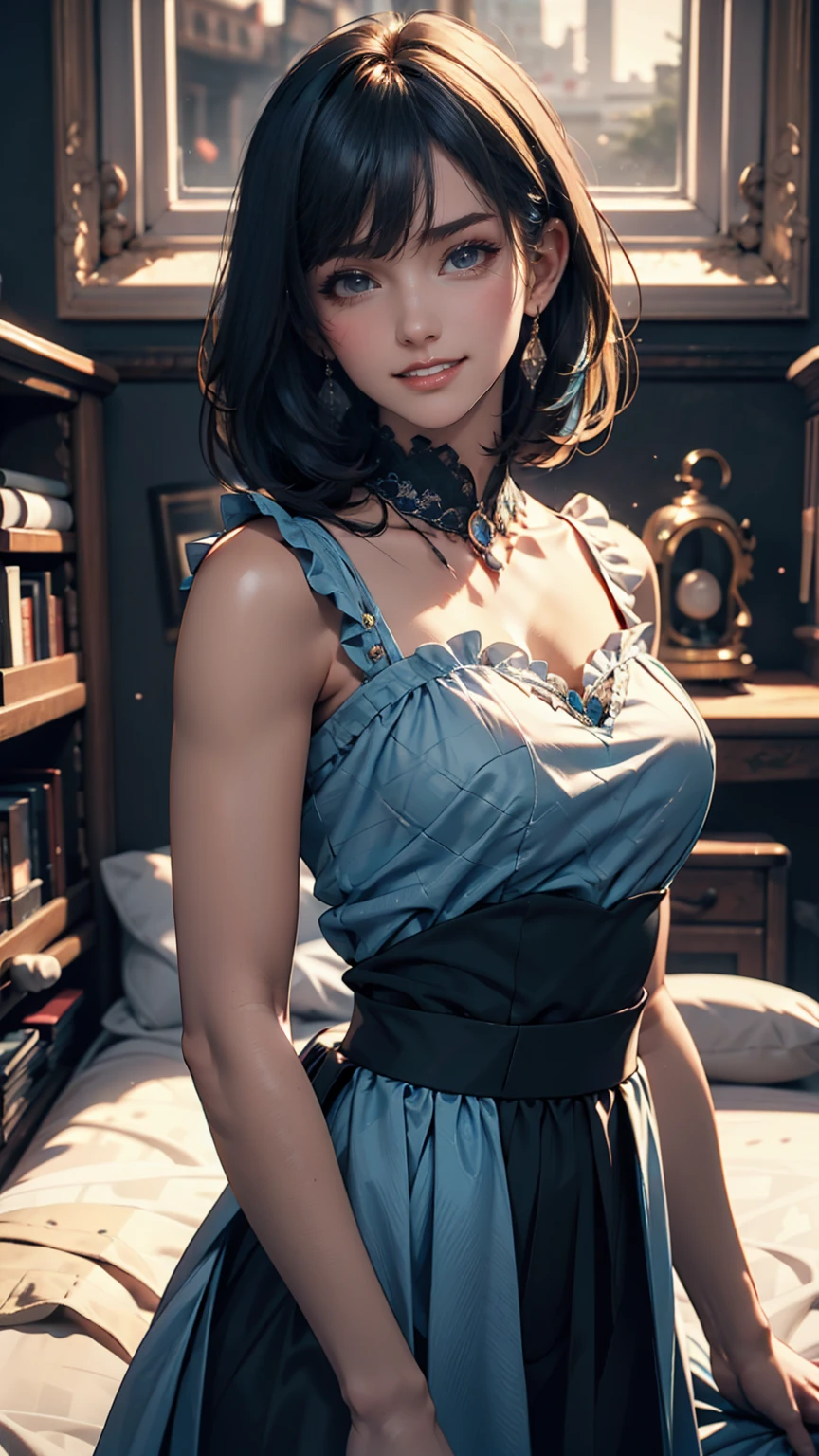 highly detailed, 8k, masterpiece, One person, Blue frills_hair_tube, dress, bend_that&#39;s all , Grin, (perfection_face), Sitting, machine, Brilliant, Complex, Dramatic lighting, 4K, detailed_background, Caustics, full_body, (Surreal:1.3), bloom,(Beautiful lighting:1.3), Caustics, Dynamic Lighting, Beautiful lighting,  