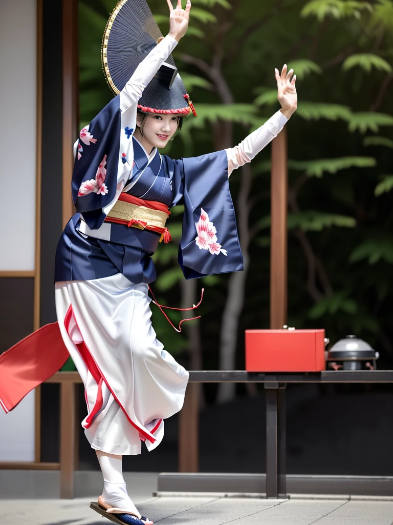 Photo-realistic quality、伝統的なJapanの衣装を着た女性がダンスを阿波踊りを踊っている,Japan, Japanese woman, Female dancer, Shot on a Canon 80d, Japan伝統的kimono, kimono、Cute smile、A soft and gentle look、Awaodori、Wearing a straw hat、He is wearing white tabi socks and black geta sandals.、Bon dance