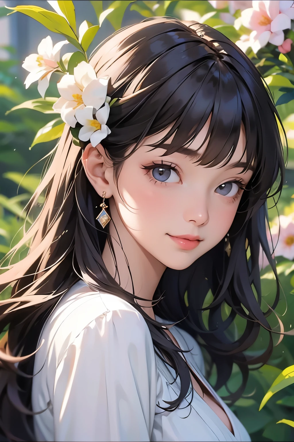 Very beautiful girl, (A smile that makes everyone around you happy)、Beautiful and fair、Beautiful Skin、Glowing Skin, bright, Refreshing and gentle look, Perfect beautiful face、Beautiful shiny bangs, Small breasts，((Sargent-style watercolor))、(Highest quality、masterpiece)、Soft Light、Indoor Botanical Garden、dome、(Lots of flowers)、Garden with fluttering petals、