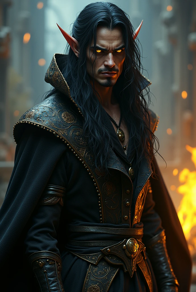Male dark elf brown with bright yellow eyes With black wavy hair With overcoat With yellow burns and flames 