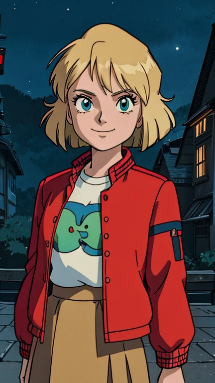 (1girl, may hopkins, red jacket, open jacket, t-shirt, skirts, looking at viewer, smile, short hair), (extremely detailed CG unit 8k wallpaper),(master part), (best quality), (ultra detali), (best illustration),(ghibli style), symmetrical composition, cowboy shot, (Sharp eyeliner, ombre, detailed eyes:1), night, town, outdoor background, break , upper body, 