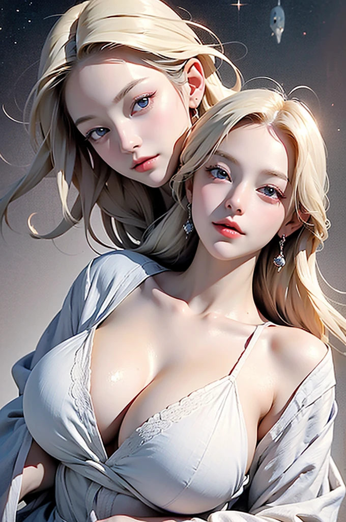 Ridiculous resolution, high resolution, (masterpiece: 1.4), Very detailed, The girl is alone, from above, space, floating, Platinum Blonde, Medium Length Hair, Red Eyes，(Huge breasts:1.2),Moist skin