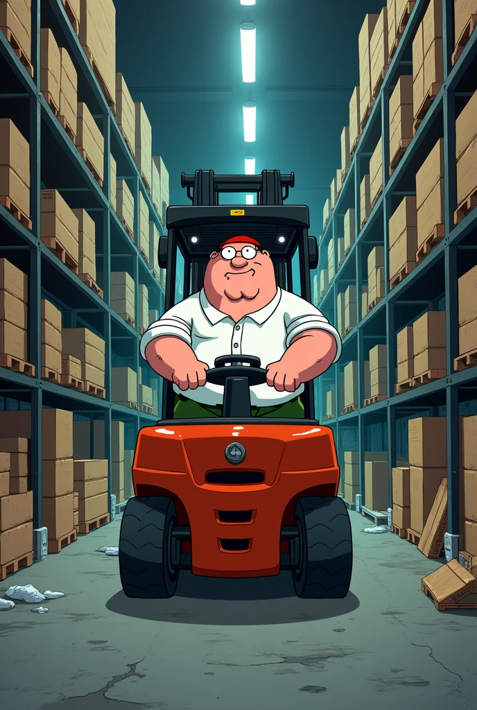 Peter griffin driving a forklift in a warhouse 