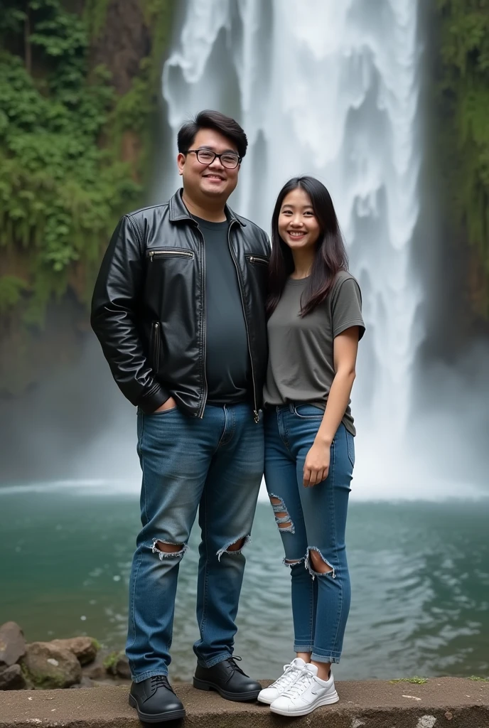Full body portrait of a slightly chubby Indonesian youth wearing a slim black leather jacket,wearing shoes,Ripped jeans at the knee, and young women wearing t-shirts,Selvi is taking a photo with a young man in front of a waterfall tourist spot,real best quality
