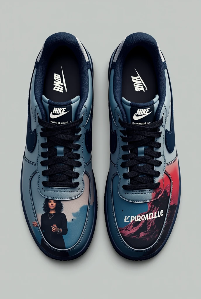 design for me an air force 1 show. Make it a Tate mcrae ( the singer) theme from the video run for the hills on youtube design colored by dark blue, white, black and red with the text: run for the hills. I want another text: T8.