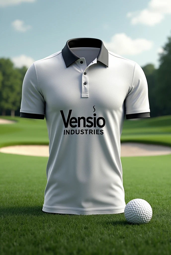 create sublimated footgolf polo shirt with VENSIO INDUSTRIES letters on it without wear with footgolf background 