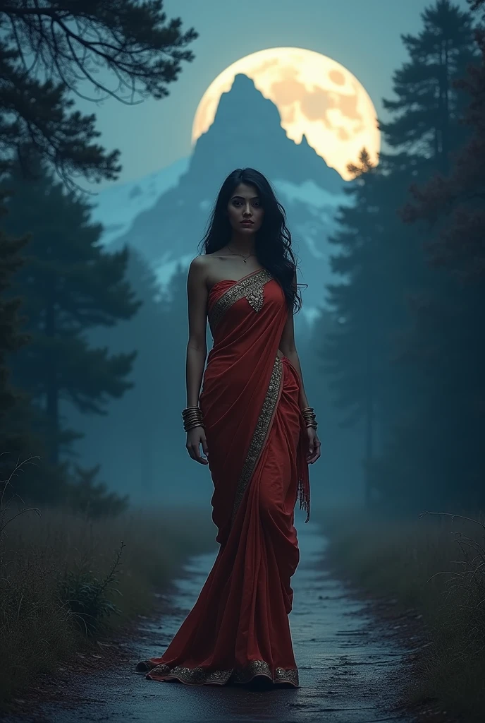Beautiful indian woman posing, straight photoshoot pose, full body portrait, moonlit night, night time, winter, walking on forest path, detailed face, cute, big eyes, iconic, photorealistic, mountain temple, detailed background, big breasts, sexy thin saree, long wavy hair, cleavage, symmetric face, masterpiece, 8k, ultra realistic
