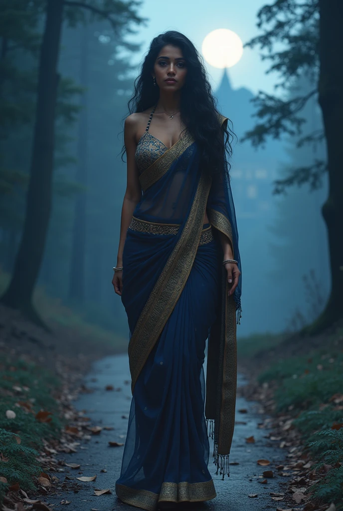 Beautiful indian woman posing, straight photoshoot pose, full body portrait, moonlit night, night time, winter, walking on forest path, detailed face, cute, big eyes, iconic, photorealistic, mountain temple, detailed background, big breasts, sexy thin saree, long wavy hair, cleavage, symmetric face, masterpiece, 8k, ultra realistic