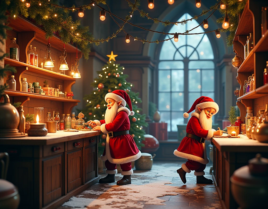 There is a room with Christmas decorations and a Christmas tree, Santa's workshop, inside an old magic shop, inside an old magic candy shop, in a potion shop, global lighting. vfx, rendering in maya and houdini, thomas kinkade. cute and cozy room, rendered in an unreal engine”, fantasy style octane 8k render, located in a magician's shop