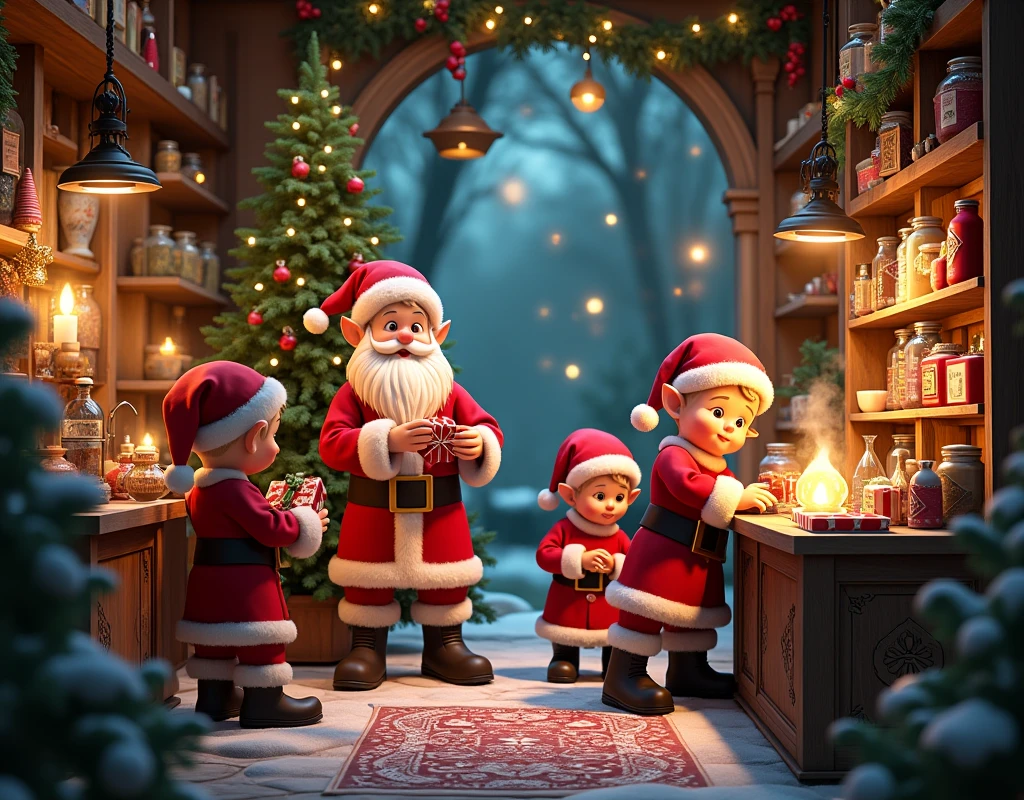 There is a room with Christmas decorations and a Christmas tree, Santa's workshop, inside an old magic shop, inside an old magic candy shop, in a potion shop, global lighting. vfx, rendering in maya and houdini, thomas kinkade. cute and cozy room, rendered in an unreal engine”, fantasy style octane 8k render, located in a magician's shop