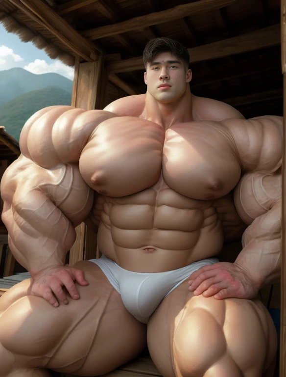 1boy, giant, asian, solo, giant bodybuilder, golden hour, strong body, bulk, large size, seated in any hut, outdoor, nude, white triangular underwear with enormous bulge, extraordinary big, brutalmass, giant muscular body, bulk, buff, massive body, large meaty body size, extremely wide body, tallest body