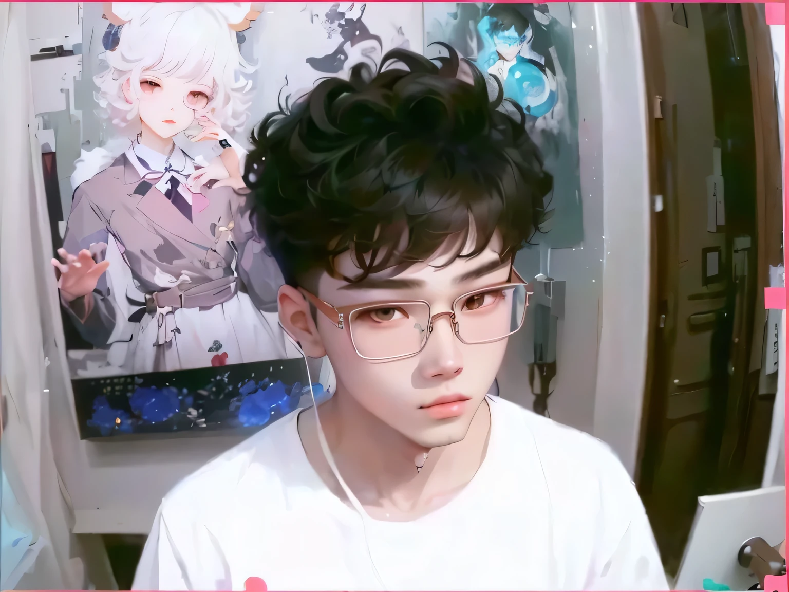 He is wearing glasses。, Gu Weiss, Gu Weiss masterpiece, artwork in the style of Gu Weiss, Portrait of Lofy, yanjun chengt, inspired by Yanjun Cheng, Ruan cute vtuber, Hong Junheng, Lofi art style, he has short curly brown hair, Half body headshot, Webcam screenshot handsome 