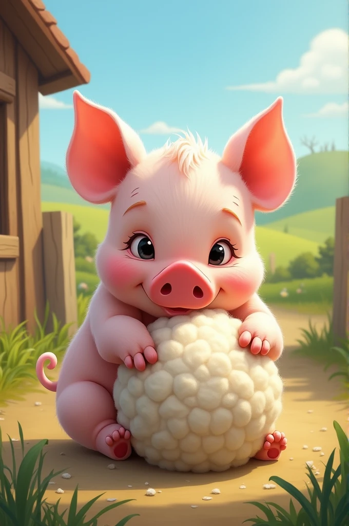 Little pig with a ball of wool 