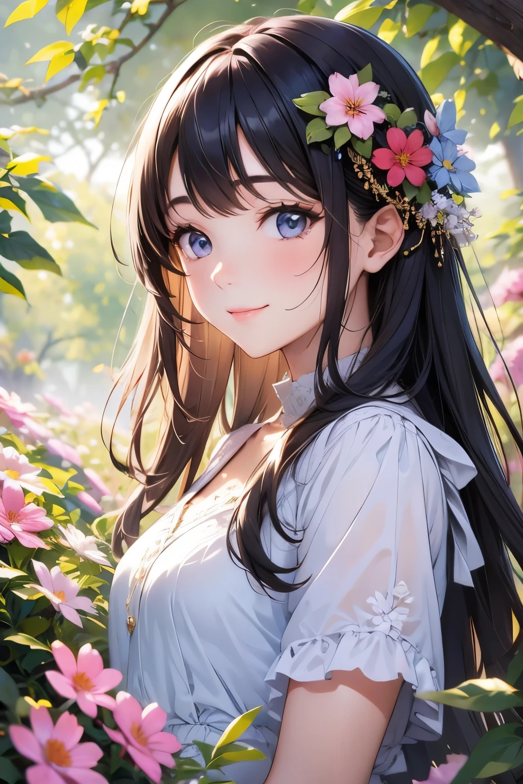 Very beautiful girl, (A smile that makes everyone around you happy)、Beautiful and fair、Beautiful Skin、Glowing Skin, bright, Refreshing and gentle look, Perfect beautiful face、Beautiful shiny bangs, Small breasts，((Sargent-style watercolor))、(Highest quality、masterpiece)、Soft Light、Indoor Botanical Garden、dome、(Lots of flowers)、Garden with fluttering petals、