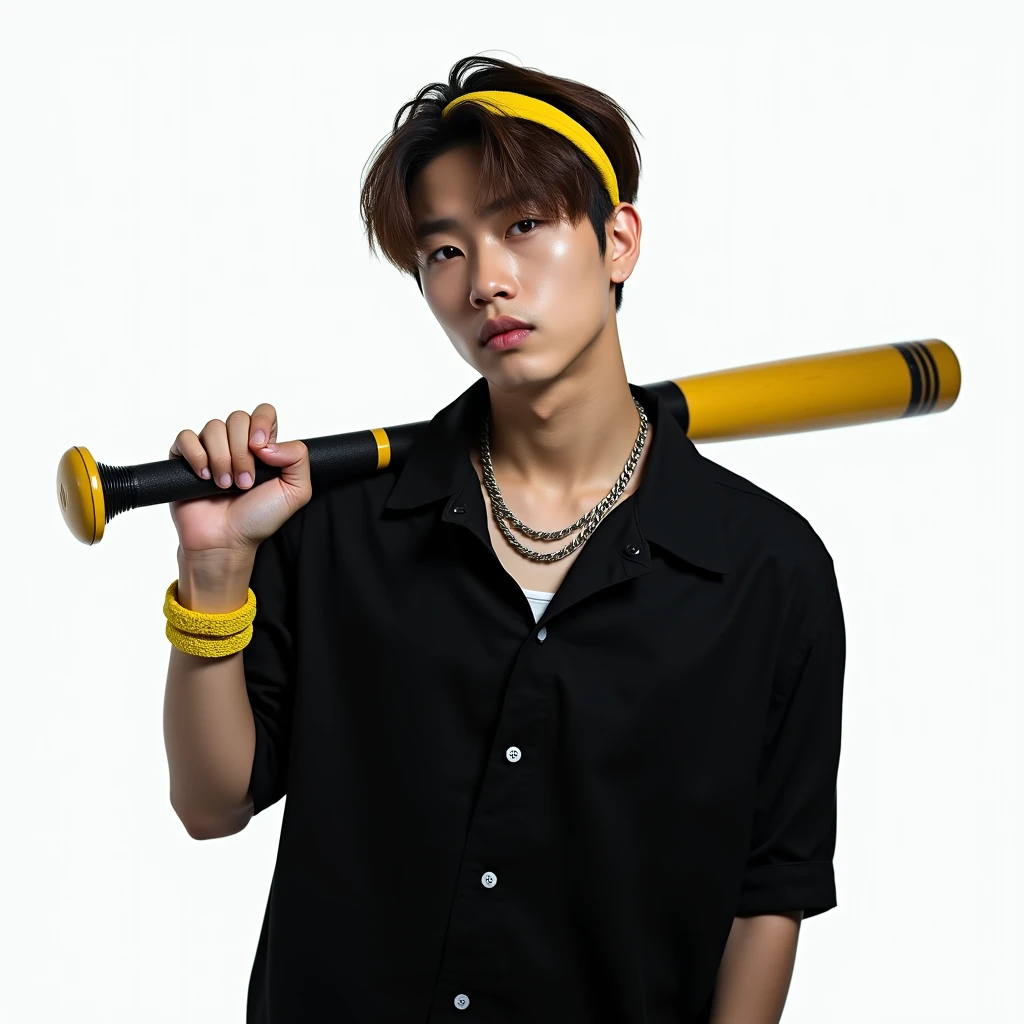 Remaja pria korea memakai kemeja hitam
dengan rambut berwarna coklat memakai headban berwarna kuning hitam expresi dingin dan cuek ,ultra hd,ultra 4k,realistis, background putih, foto sepinggang,kedua pose tangan memegang tongkat bisbol berwarna kuning hitam yang di sandang di bahu sebelah kiri,pose kepala agak mendongak ke atas,memakai kalung rantai,memakai gelang tangan kain berwarna kuning di sebelah kiri