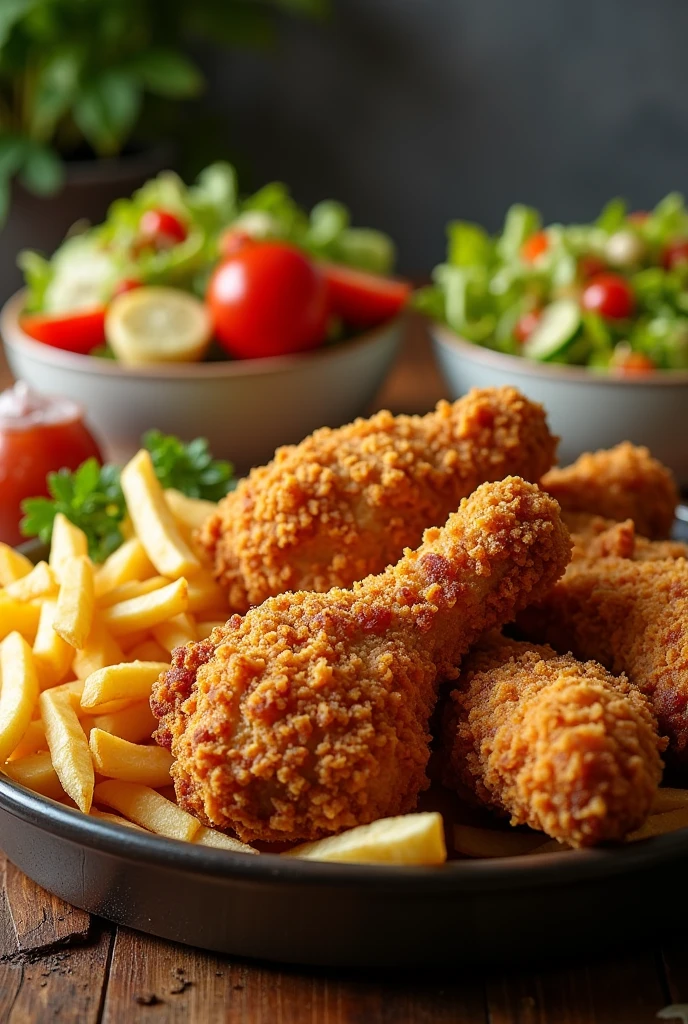 Fried chicken with fries and salad, family size