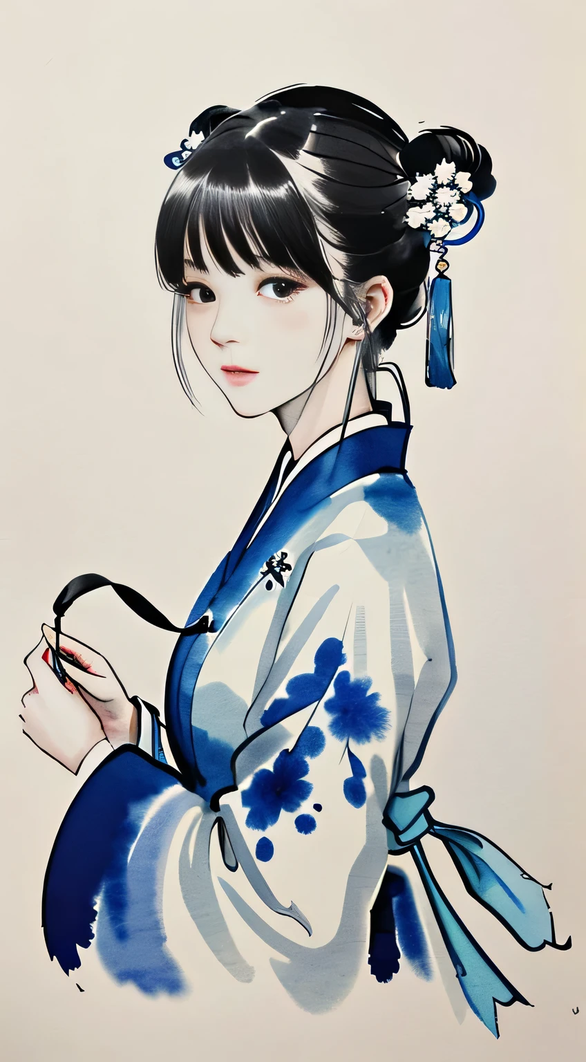 1 Blue and white porcelain girl,, Ink sketch, Hanfu,(abstract ink splash:1.2), white backgrounid,Traditional Chinese Ink Painting, Traditional Chinese art, author:Guo Xi, author:Ma Yuanyu, Traditional Chinese painting, author:Xu Xi, author:Luo Mu, author:Yang Buzhi, author:Li Kelan, author:Gu An, Ink painting ) ) ) ), Chinese ink painting, Chinese painting style