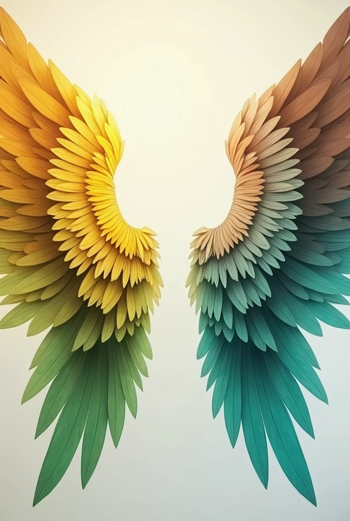 Create an image of angel wings but the wings should be these colors: yellow, a pretty green, a pretty brown, turquoise and so on and white, that is, the colors do not go in the background but for the wings.. But the color should be noticeable, that is, the colors should be strong, not low, and it should look drawn, since it is to make a mural.. That's how you made this one but with two wings.