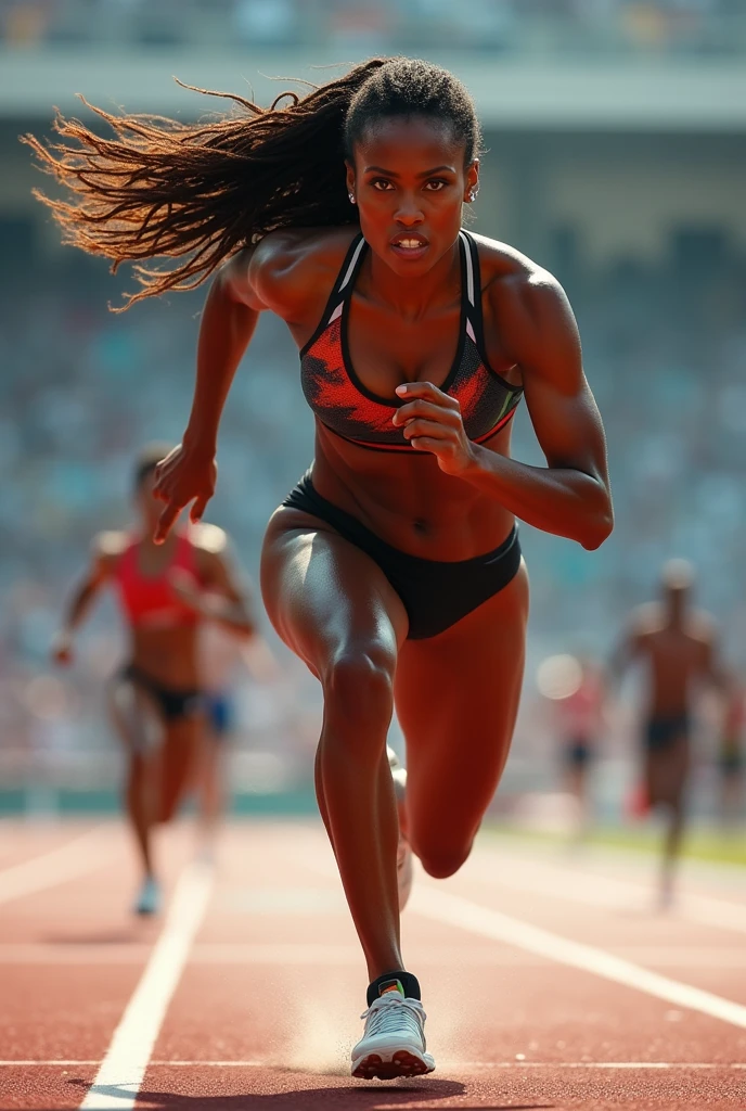 Sha'Carri RICHARDSON fastest running beast girls that make anything possible in life. Make her like she is a beast with lots off energy make her a beast she is running on track her face should more clear and she is running with others and she is about to win the race with aggressive face