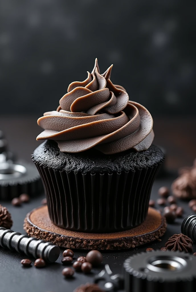 Black cupcake with cream and motorcycle accessories 