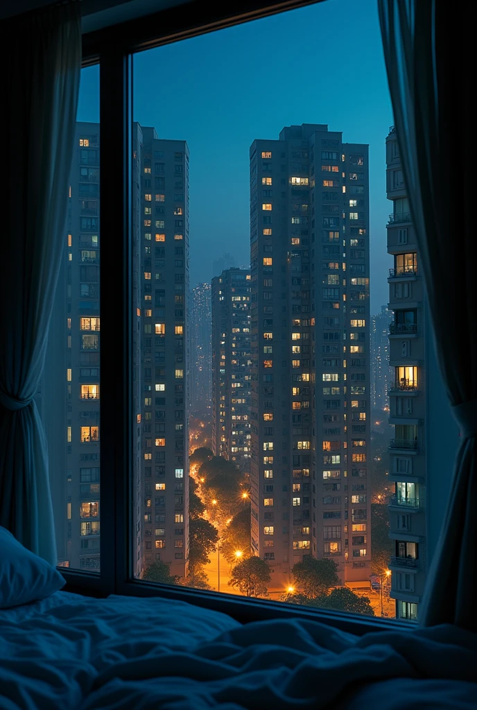 View from the bedroom window of an apartment, looking out onto the windows of other apartments nearby at night, image full of lights in 4k
