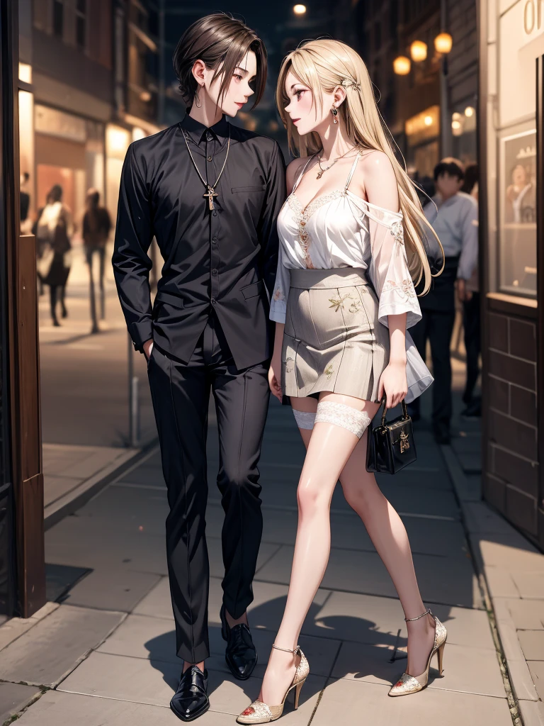 ((Biologically correct limb count))、((Full Body Shot, Full-body photo including face、Head to toe photos))、4K、(masterpiece:1.3)、((Symmetrical facial features))、Eyes of meticulous depiction、beautiful 、Excellent style、((skirt、The neckline is a lace embroidered sheer shirt.、High heels with anklets))、Detailed Description、shopping、Married Woman、sex appeal、Alluring、Handbags、Earrings、necklace、profile、Upper body close-up、Looking up、Blonde,(multiple:-1)