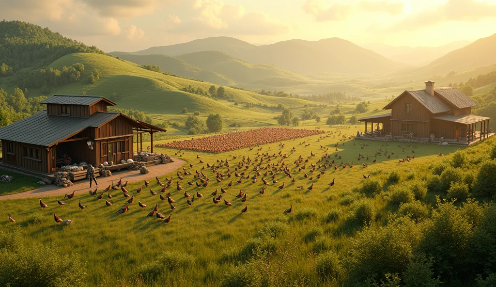 a pheasant farm, realistic, detailed, high quality, 8k, photorealistic, cinematic lighting, beautiful lush greenery, rolling hills, large open fields, wooden barns and coops, hundreds of pheasants of various colors, hatchery with incubating eggs, workers caring for the birds, feeding and watering the pheasants, panoramic view of the expansive farm, warm golden hour lighting, depth of field, clean crisp details
